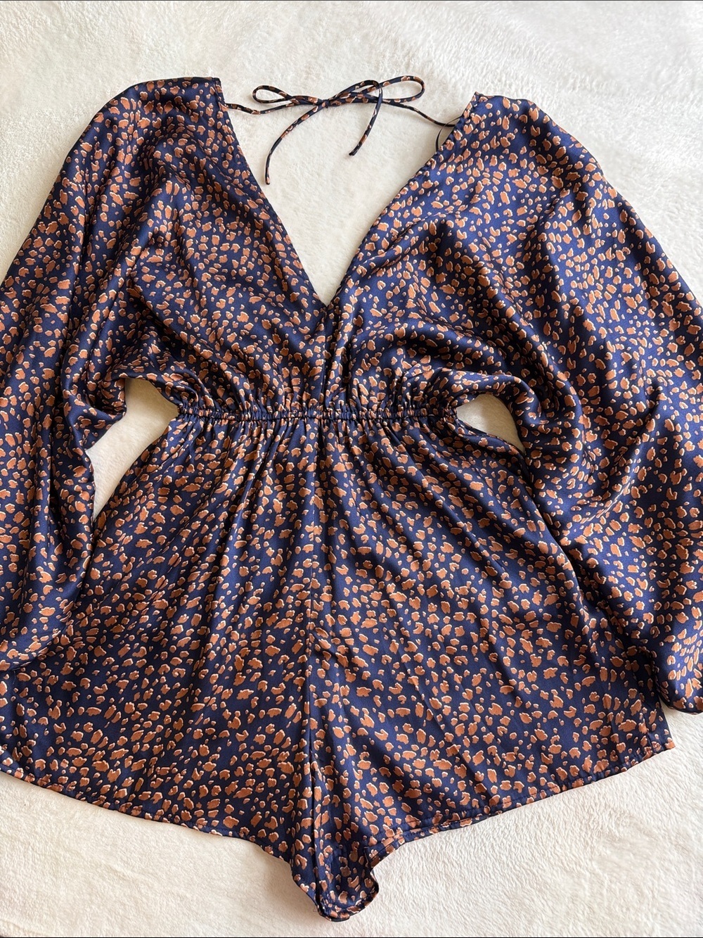Glam Navy & Copper Leopard Print Long Sleeve Romper Open Back Boho Playsuit NWT - Picture 2 of 14